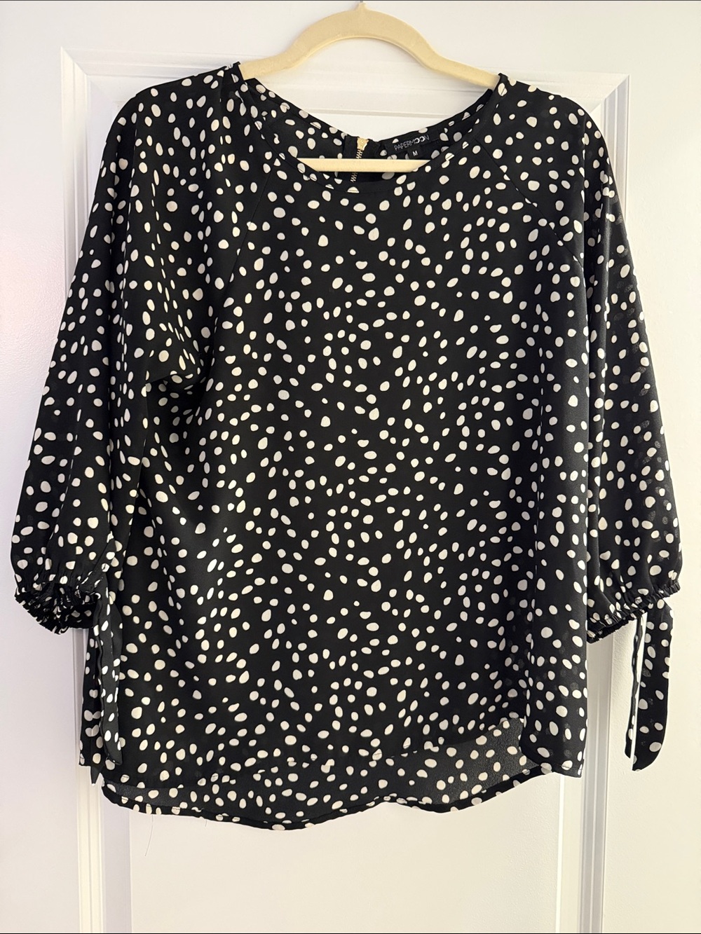 Papermoon Black Blouse with White Spot Print and Tie Sleeves